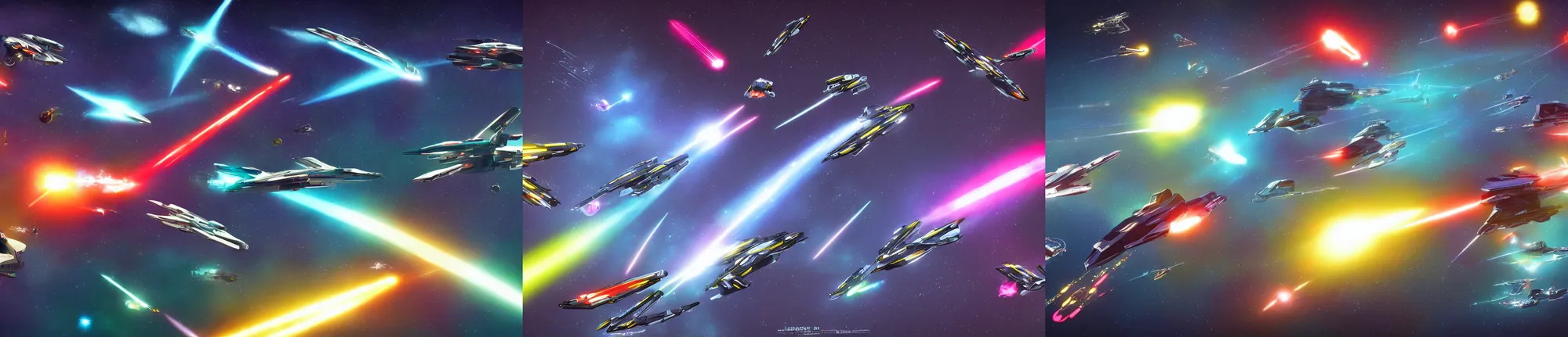 Prompt: sleek looking starships shooting at each other, vibrant, colorful, beautiful space, very high quality, missiles, battletech style, star trek, sharp, crisp, no bloom