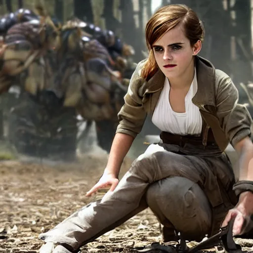 Prompt: emma watson fighting a giant bug