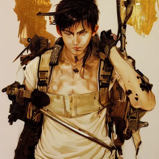 Image similar to portrait of a young white hero holding his sword next to his face covering his eye by yoji shinkawa, high quality, extra details, realism, ornate, colored, golden chain, blood, white skin, short hair, brown eyes, vivid, sunlight, dynamic, american man, freedom, white american soldier, painting