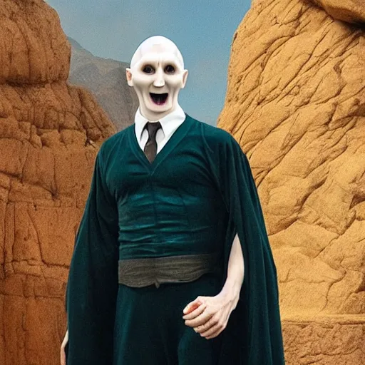 Prompt: happy voldemort on vacations, warm colours