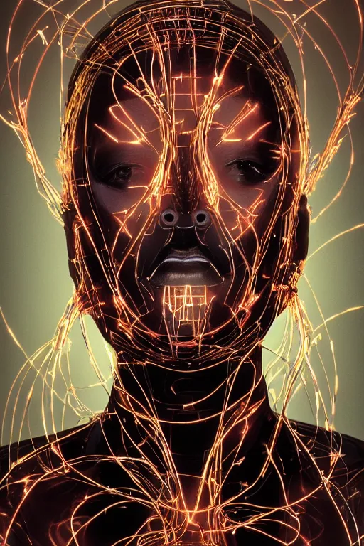 Image similar to organic cyborg head wrapped in barb wire lasers by Hajime Sorayama and Jamie Coreth, trending on artstation, centered, symmetrical, rim lighting, electric hair, bilateral symmetry, 80s poster, polished, thick smoke, retro dark vintage sci-fi, 2D matte illustration