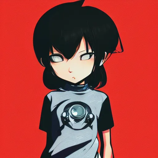 Prompt: shirt art, logo graphic design, frame around picture, manga style, realistic lighting, futuristic solid colors, made by ilya kuvshinov, sold on sukebannyc, from arknights, girl, elegant, round eyes, sport clothing, sneaker shoes, simple red background