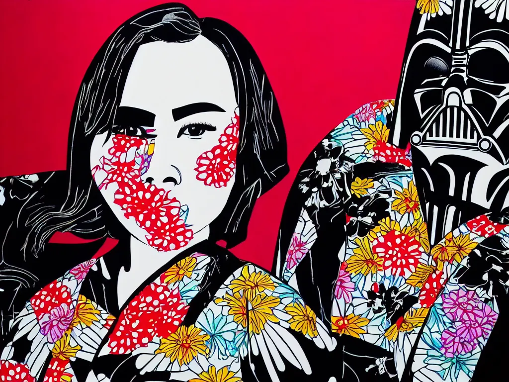 Image similar to hyperrealism composition of the detailed woman in a japanese kimono sitting at an extremely detailed poker table with darth vader, fireworks on the background, pop - art style, jacky tsai style, andy warhol style, acrylic on canvas