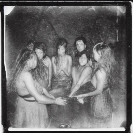 Image similar to a group of people in a witchcraft ritual on an abandoned mad house in the Colombian jungle, mist, 1910 polaroid photography, grainy film, Black and white