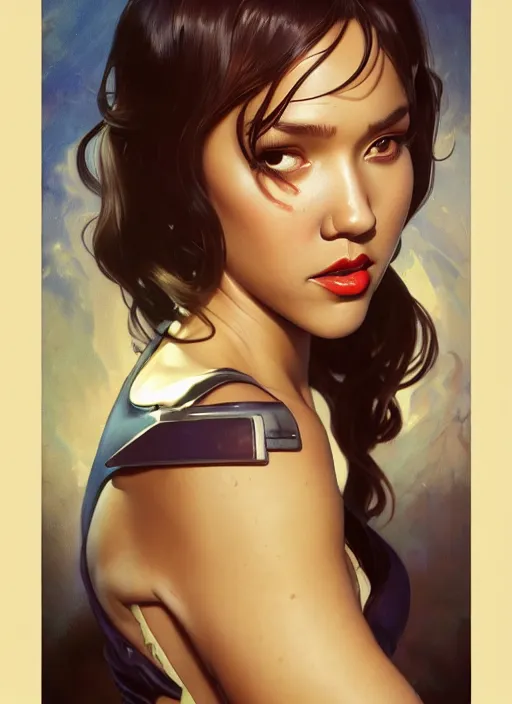 Prompt: intense fan art concept art by artgerm, tooth wu, bierstadt, gurney, stalenhag and alphonse mucha. an incredible collage of countless pin - ups of jessica alba as betty page in every form, contour light effect!! 8 k, stage light. octane render. smooth. sharp edge. ultra clear detailed, full body various poses!!