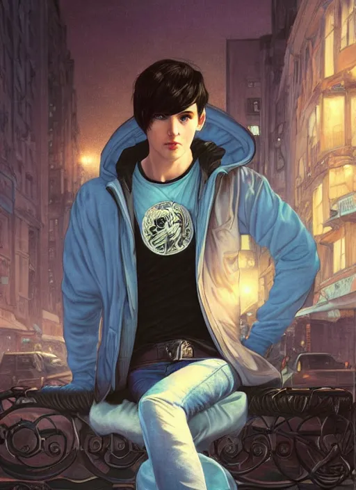 Image similar to handsome young man with short black hair, glowing light blue eyes, pale skin, wearing jeans and a black hoodie, detailed night time cityscape background, realistic painting by ross tran and gerald brom and alphonse mucha, ilya kuvshinov, svetlana tigai, artgerm, trending on artstation