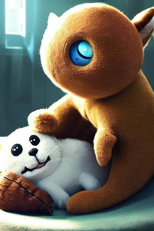 Image similar to round antropomorphic acorn plush toy and his cat friend in a giant bed adventure movie, cerebri movie poster, by nuri iyem, james gurney, james jean, greg rutkowski, anato finnstark. pixar. hyper detailed, 5 0 mm, award winning photography, perfect faces