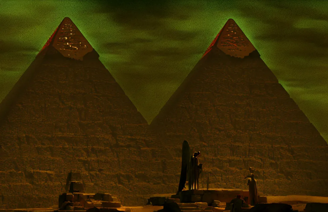Image similar to result is a sophisticated interplay between warm, cool, light and dark colors. the pyramid of figures is drawn together intact flawless ambrotype from 4 k criterion collection remastered cinematography gory horror film, ominous lighting, evil theme wow photo realistic postprocessing divisionism emerging from lush greenery queen of heaven building by frank lloyd wright