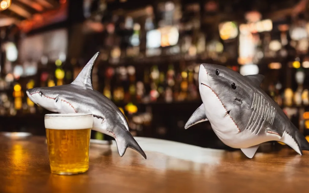 Image similar to Stuffed shark ordering a beer at a bar, plush toy, fish, dim lighting, 50mm, depth of field