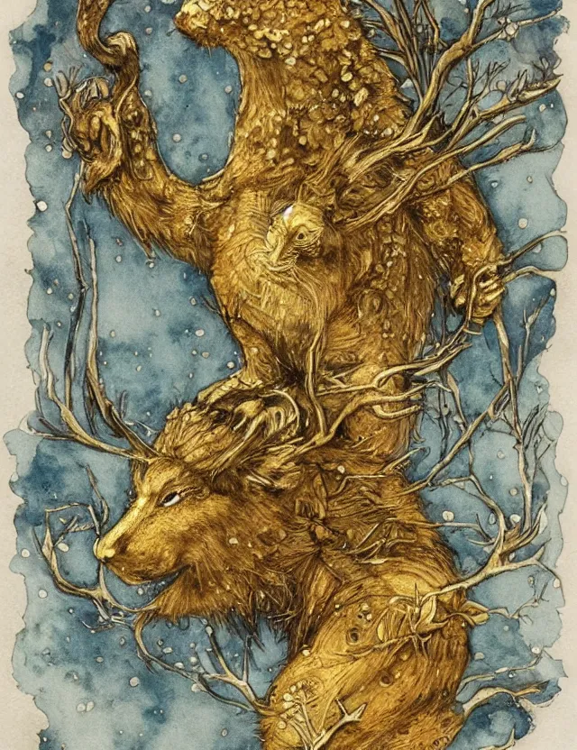 Prompt: animal deity of first frost. this ink wash and goldleaf work by the beloved children's book illustrator has interesting color contrasts, plenty of details and impeccable lighting.