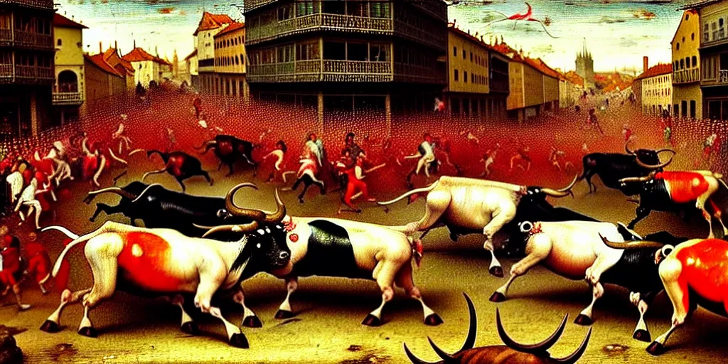 Prompt: the running of the bulls in pamplona, hundreds of people are fleeing from rampaging bulls in the city streets, art by hieronymus bosch, intricate, elegant, highly detailed, smooth, sharp focus, artstation