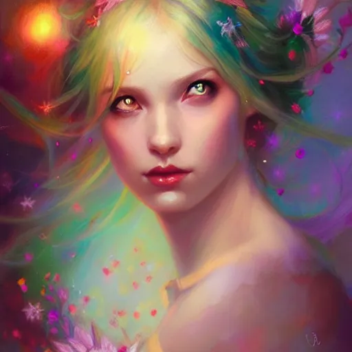 Prompt: colorful and Festive Captivating Fairy portrait, atmospheric lighting, painted, intricate, highly detailed by Charlie Bowater
