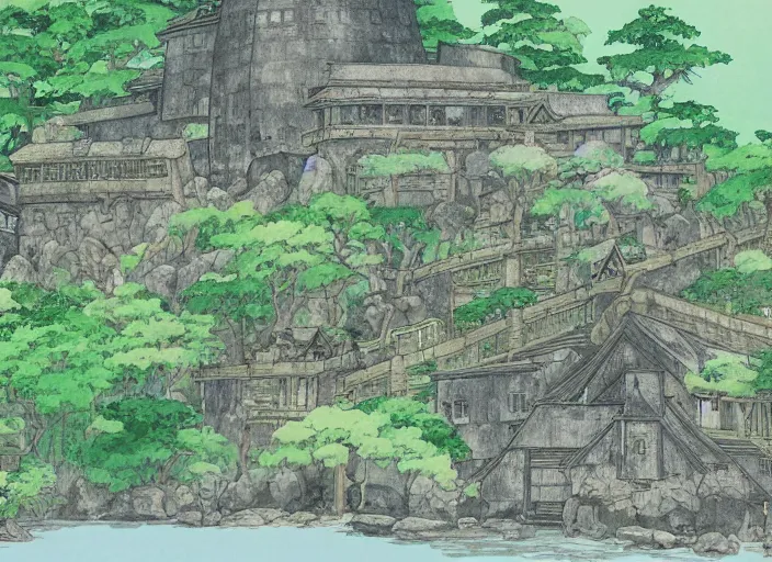 Image similar to japanese fortress in a city inside the forest by studio ghibli painting