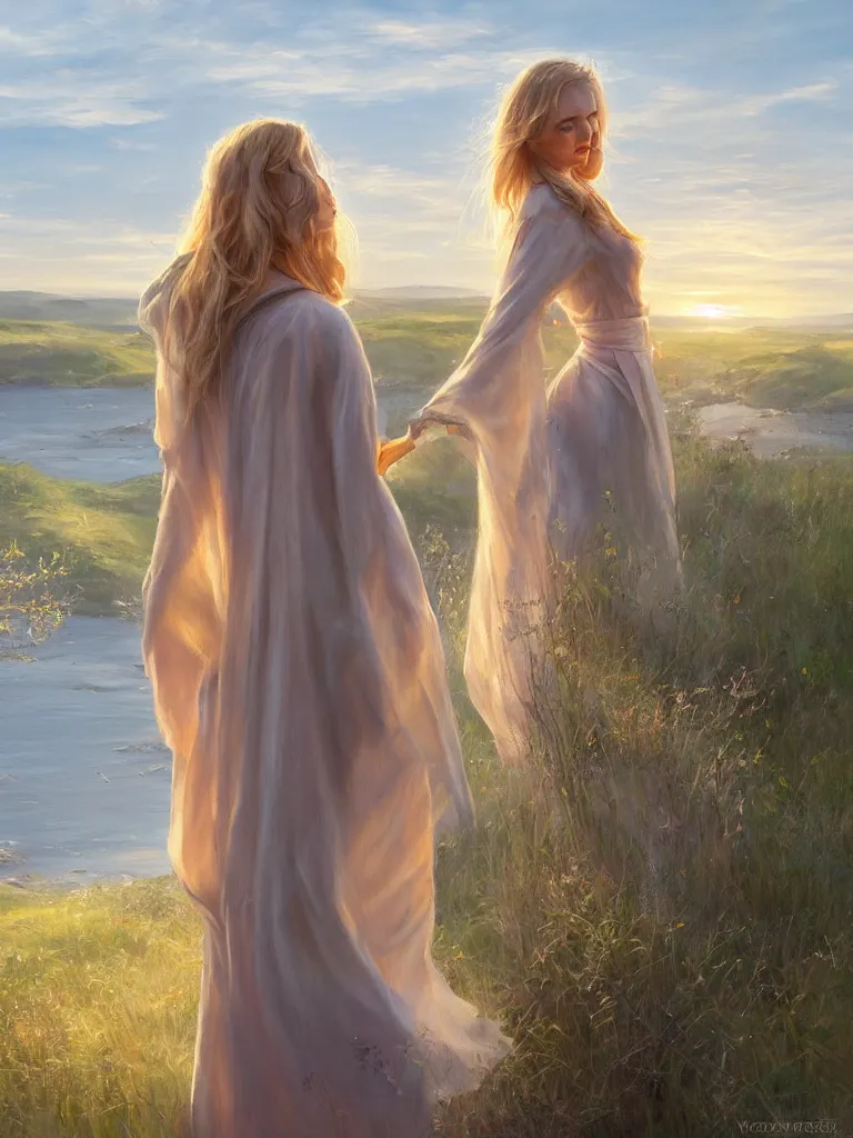 Image similar to blonde female jedi, Swedish countryside, landscape view, archipelago, freedom, dawn, sunrise, beautiful, by Vladimir Volegov, wlop, artstation