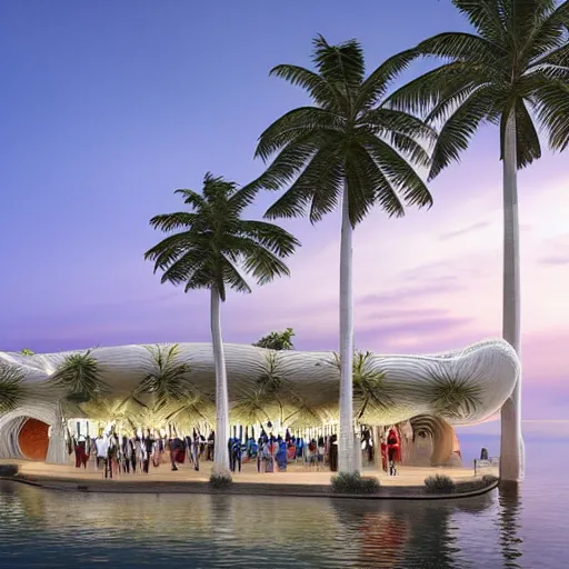 Image similar to architectural renderings, a seaside visitor center consisting of three mushroom - shaped buildings on the blue sea with tall coconut trees ， detailed