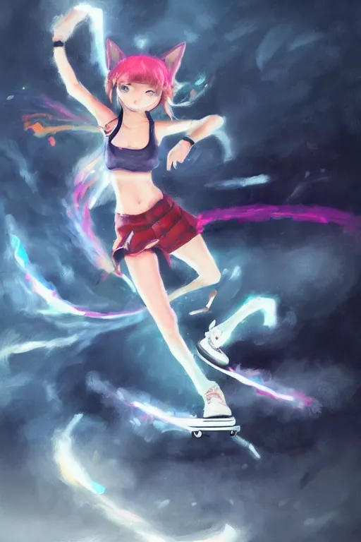 Prompt: Girl with cat ears skateboarding, expressive oil painting, matte art, digital art, trending on artstation, anime style, beautiful lightning, atmospheric