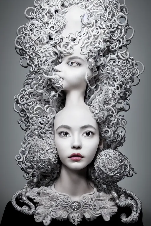Prompt: 3 d full head and shoulders beautiful white porcelain woman with ornate detailed hair and jewellery, 3 d swirling hair, big eyes through the hair by theodor seuss geisel and daniel arsham and xiang duan