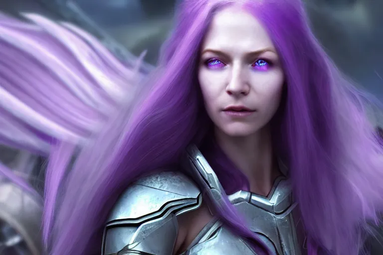 Image similar to an ultra realistic, cinematic, close up portrait, of a pale woman in sci - fi armor with flowing purple hair,, sylvanas windrunner, soft light, dreamy, facial features, standing in a space ship wreck, detailed, deep focus, movie still, dramatic lighting, ray tracing, by michal karcz and yoshitaka and david cronenberg