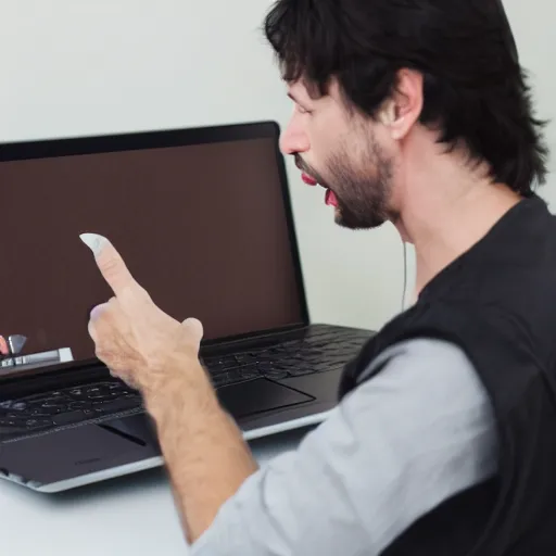 Image similar to Stock Photo of a mam holding a laptop while he screams out IT NETWORKING, Realistic, HDR, Clear Image, HDD, RTX ON, C 10.0