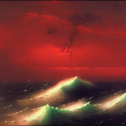 Image similar to bloody ocean, rusted iron ship sinking in red blood ocean, by Ivan Aivazovsky, junji ito, hd 8k