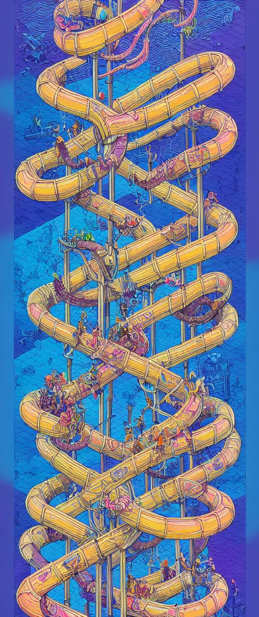 Image similar to twisted water slides, centered award winning ink pen illustration, isometric abstract illustration by dan mumford, edited by craola, technical drawing by beeple and tooth wu, tiny details by artgerm and watercolor girl, symmetrically isometrically centered