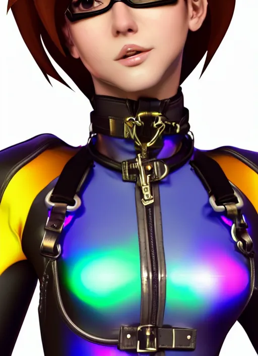 Image similar to portrait bust digital artwork of tracer overwatch, wearing iridescent rainbow latex and leather straps catsuit outfit, expressive happy face, makeup, in style of mark arian, angel wings, wearing detailed leather collar, chains, black leather harness, detailed face and eyes,
