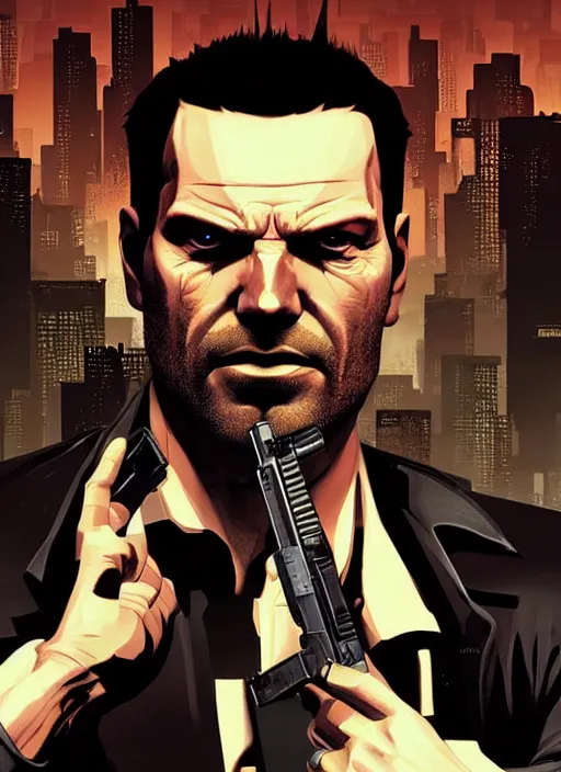 Image similar to poster artwork by Michael Whelan and Tomer Hanuka, a portrait of Max Payne in Deus Ex Human Revolution, clean