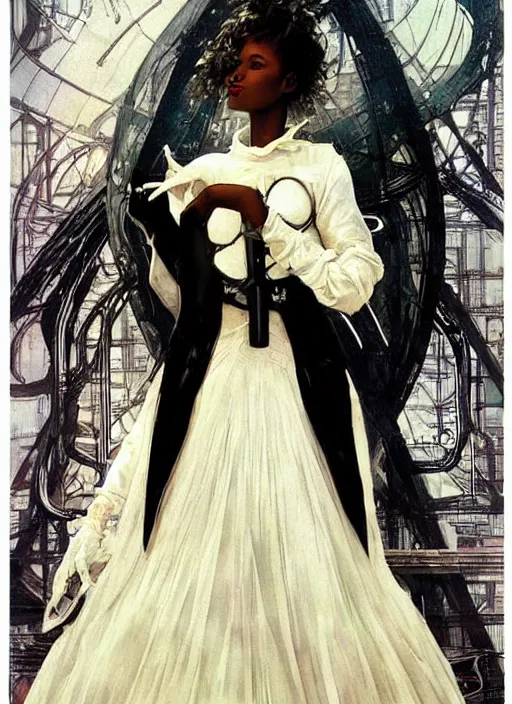 Prompt: a copic maker art nouveau dystopian portrait of a black beautiful girl detailed features wearing a latex wedding dress with a puffy skirt designed by balenciaga by john berkey, norman rockwell akihiko yoshida