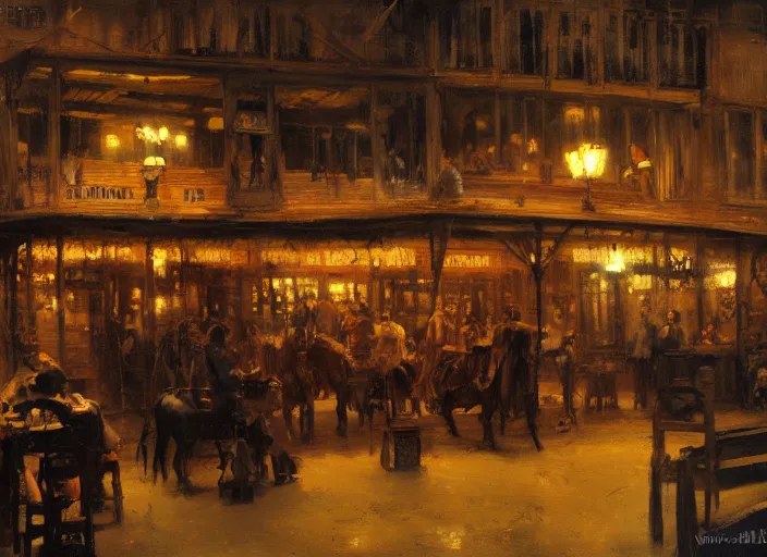 Prompt: oil painting of western saloon bar, wild west, dimly light, dust, art by anders zorn, wonderful masterpiece by greg rutkowski, beautiful cinematic light, american romanticism by greg manchess, creation by tyler edlin