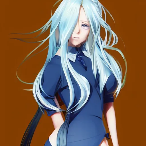 Image similar to a very beautiful young anime girl with 2 0 meters extremely long blond hair, full body, extremely long wavy 2 0 meters long blond hair, sky blue eyes, full round face,, bikini, miniskirt, front shot, extremely long thick blond hair, highly detailed, cinematic wallpaper by stanley artgerm lau