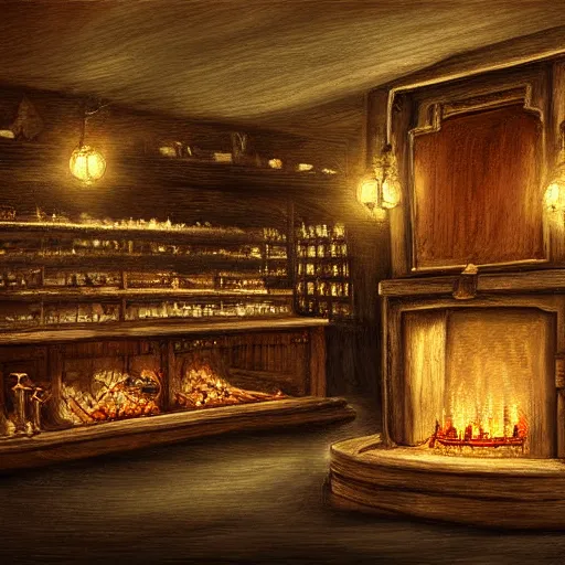 Image similar to interior of a dark butcher shop lit by an eerie fireplace, dark fantasy, night, by anne stoke, digital art