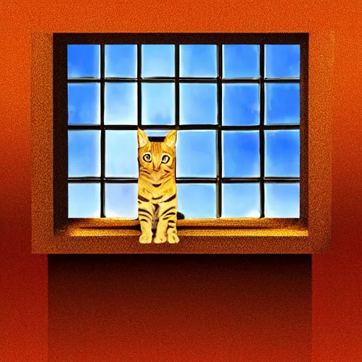 Image similar to a tabby cat looking trought the window, at a nuclear exlosion, digital art