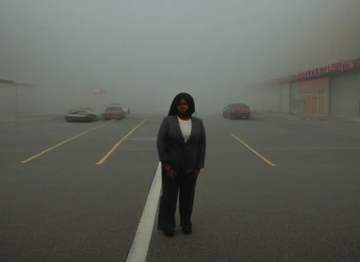 Image similar to cinematic screenshot high wide angle shot of octavia spencer standing in a foggy a desolate strange department store empty parking lot, one car, paranoia everywhere, screenshot from the tense psychological thriller film ( 2 0 0 1 ) directed by spike jonze, volumetric hazy lighting, anamorphic lens, moody cinematography, 3 5 mm kodak color stock