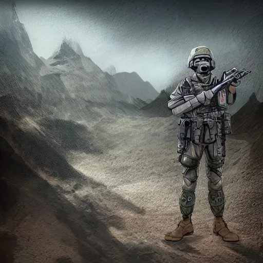 Prompt: futuristic soldier, in a futuristic dystopian landscape, digital art