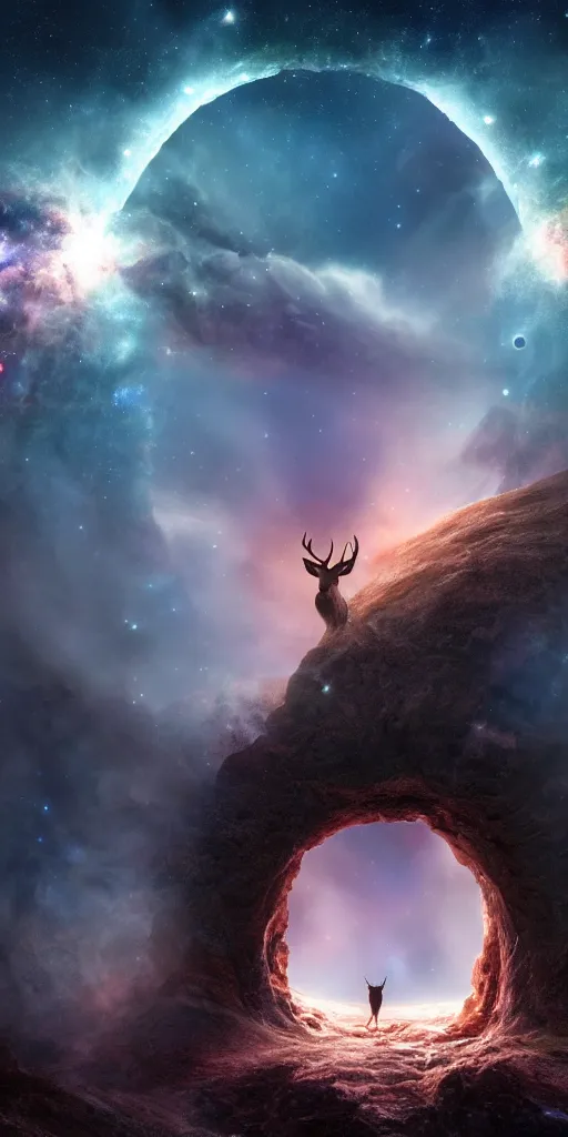 Prompt: a deer peering into a giant portal into the universe in the shape of a keyhole to the nebulae and galaxies, beautiful matte painting by weta workshop 4 k, cinematic dramatic atmosphere, dramatic lighting, trending on artstation
