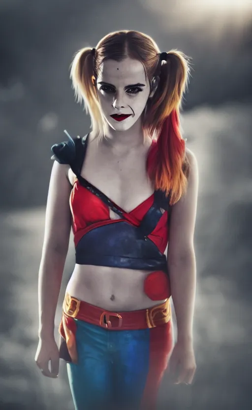 Image similar to Emma Watson as Harley Quinn, glowing, dramatic, cinematic, Sony a7R IV, symmetric balance, polarizing filter, Photolab, Lightroom, 4K, Dolby Vision, Photography Award