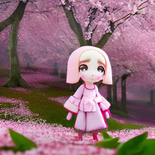 Prompt: cute fumo plush of a girl in the middle of a cherry blossom bloom, sakura, particle simulation, global illumination, vray