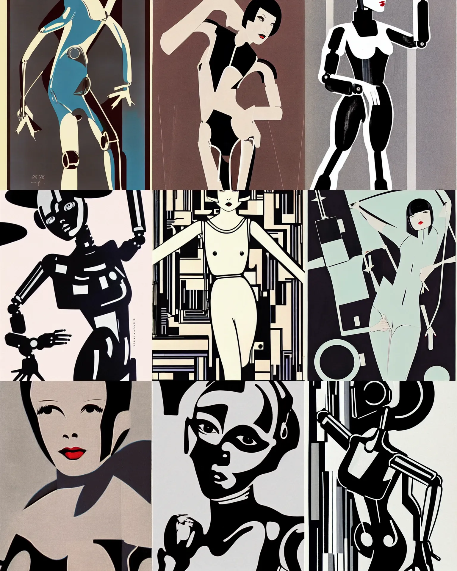 Prompt: mary louise brooks turning into a robot, half robot, 1 9 8 s, chrome outfit, airbrush, robot arms, black shiny bob haircut, by patrick nagel, art deco style