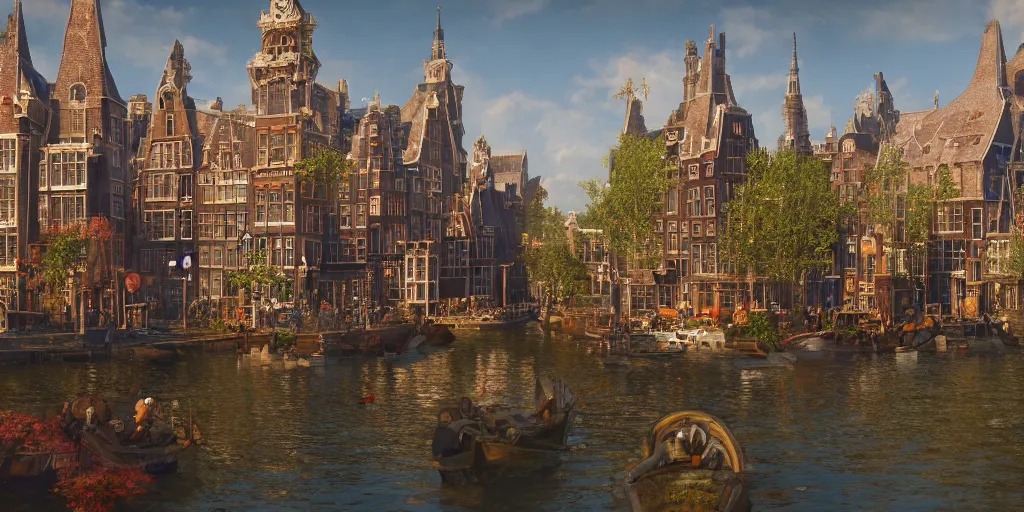 Prompt: a lively magical town inspired by victorian england and amsterdam, sunny weather, highly detailed, intricate, digital painting, trending on artstation, concept art, matte painting, art by greg rutkwowski, craig mullins, octane render, 8 k, unreal engine