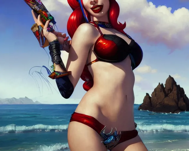 Prompt: photography of harley quinn in bikini at the beach, deep focus, d & d and mtg, fantasy, intricate, elegant, highly detailed, digital painting, artstation, concept art, matte, sharp focus, illustration, hearthstone, art by artgerm and greg rutkowski and alphonse mucha
