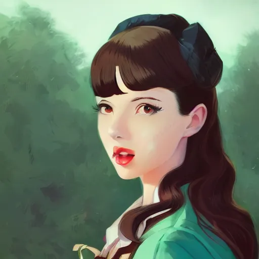 Image similar to portrait of a beautiful girl with dark hair dressed in 1940's fashion, park background, rich vivid colors, ambient lighting, dynamic lighting, 4k, official media, anime key visual, makoto shinkai, ilya kuvshinov, lois van baarle, rossdraws, detailed, trending on artstation