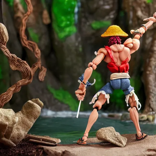 Prompt: high - res photograph of a claymation sculpture action figure warrior luffy, highly detailed sculpey diorama, forest setting, waterfall backdrop, smooth, sharp foccus, commercial product photography,