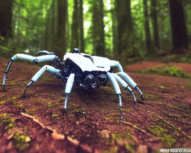 Image similar to photo of a white terminator spider with heavy duty biomechanical hydraulic cybernetic body with antennas and visor cogs and gears and components in the forest. cyberpunk horror style. highly detailed 8 k. intricate. nikon d 8 5 0 5 5 mm. award winning photography.