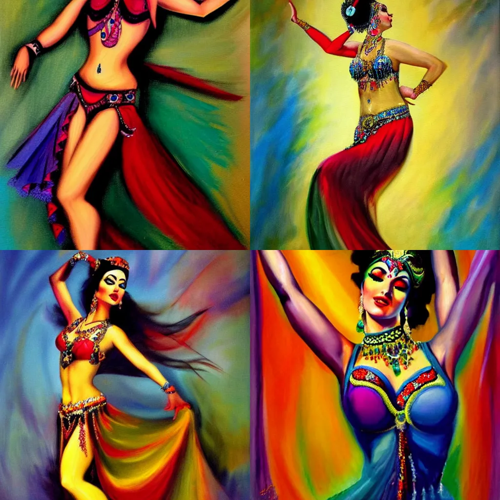 Prompt: colorful painting of belly dancer in style of Rolf Armstrong