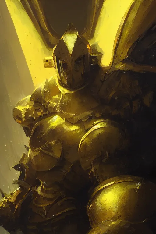 Image similar to A closeup of a yellow holy knight by Greg Rutkowski, Dan Mumford, Christophe Vacher, 4k photorealistic, volumetric lighting, HD, high details, dramatic, trending on artstation