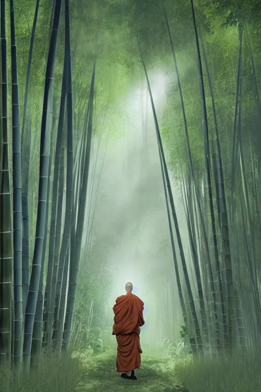 Image similar to a komuso monk in a mysterious japanese bamboo forest with light shafts, atmospheric lighting, by greg rutkowski, ultra realistic, concept art, intricate details, highly detailed, photorealistic, octane render, 8 k, unreal engine