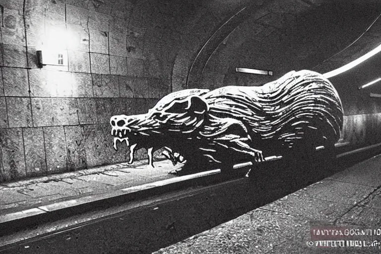 Image similar to very large giant mutant zombie irradiated angry rat sraying on railways in tonnel of moscow subway. extreme high detail. low dark light, scary atmosphere.