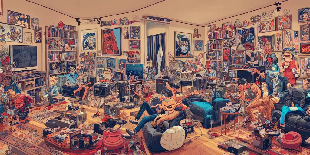 Prompt: a living room of a rock band, realistic, extremely detailed, sharp focus, wide view, smooth, digital illustration, by james jean, by rossdraws, frank franzzeta, mcbess, sakimichan, brosmin, danton fadeev, steve simpson
