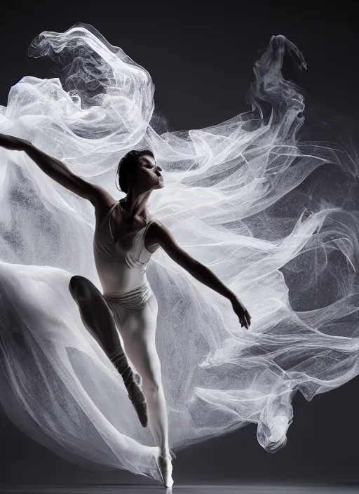 Image similar to a Photorealistic dramatic hyperrealistic render of a glamorous beautiful Female smoke dancer by Ken Brower and Deborah Ory of NYC Dance project,Lois Greenfield,Flowing cloth and smoke,Beautiful dynamic dramatic dark moody lighting,volumetric,shadows,cinematic atmosphere,Octane render,8K