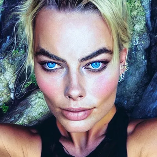 Prompt: face morph tattoo design of margot robbie with beautiful mountain scenery, in the style of chris mataafa, amazing detail